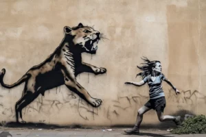 Street art scene of a running woman being chased by a large lion painted on a textured wall
