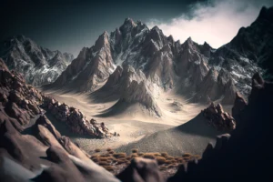Dramatic jagged snow-covered mountain peaks under a dark moody sky.