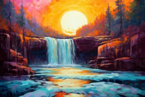 Vivid turquoise waterfall flowing between dark rocks beneath a huge golden sun and bright orange-purple forest.