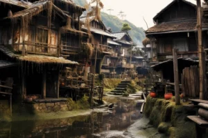 Weathered traditional Japanese wooden houses beside a narrow reflective waterway with moss and mist.
