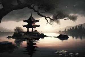 Japanese pagoda beside a still lake beneath a sweeping tree with misty mountains in the distance