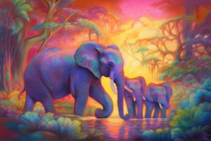 Colourful elephant family with an adult and two calves standing in glowing jungle water at a vivid sunset.