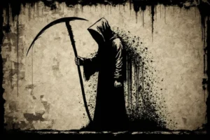 Black stencil-style Grim Reaper holding a scythe against a distressed beige wall with paint drips.