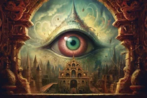 Large green and amber eye floating above an ornate fantasy city framed by ancient architecture.