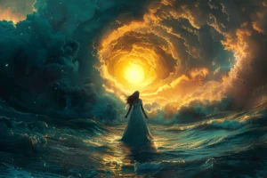 Woman standing in dark teal ocean waves beneath a glowing golden circular portal in storm clouds.