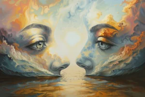 Two surreal human faces formed from waves and clouds facing each other across reflective water
