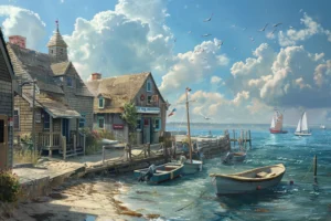 Sunlit coastal harbour village with weathered shingle houses, small boats and sailing yachts beneath large summer clouds.
