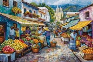 Colourful village market street with fruit stalls, shoppers, pastel buildings, church towers and mountains.