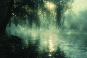 Misty green lake with a willow tree, shaded bench and sunlight reflecting across calm water