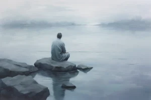 Solitary seated figure on dark rocks facing calm pale water and a soft misty horizon.