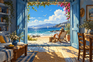 Open blue doors framing a sunny Mediterranean beach, sailboats and a woman reading by the sea.