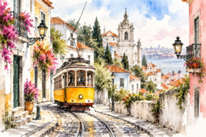 Watercolour scene of a yellow Lisbon tram travelling through a flower-lined hillside street toward the river.
