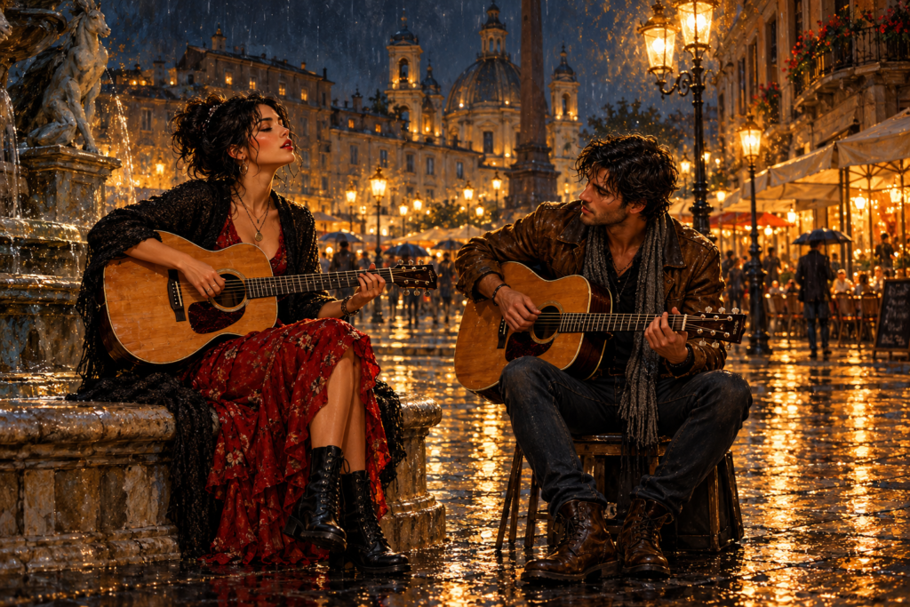 Woman and man playing acoustic guitars in a rain-lit European square at night