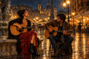 Woman and man playing acoustic guitars in a rain-lit European square at night