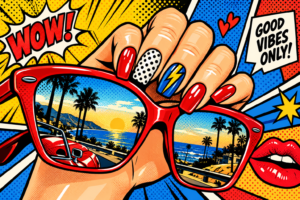 Comic pop art of a hand holding red sunglasses with a coastal sunset reflected in the lenses, red manicure, lips and Good Vibes Only speech bubble.