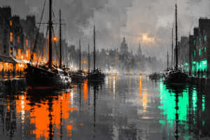 Moody monochrome harbour with moored sailing boats and orange and turquoise reflections on wet water.
