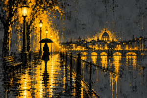 Silhouette of a woman with an umbrella walking beside a river at night under glowing yellow street lamps.