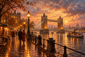Tower Bridge at golden autumn sunset with wet riverside promenade and Thames boats