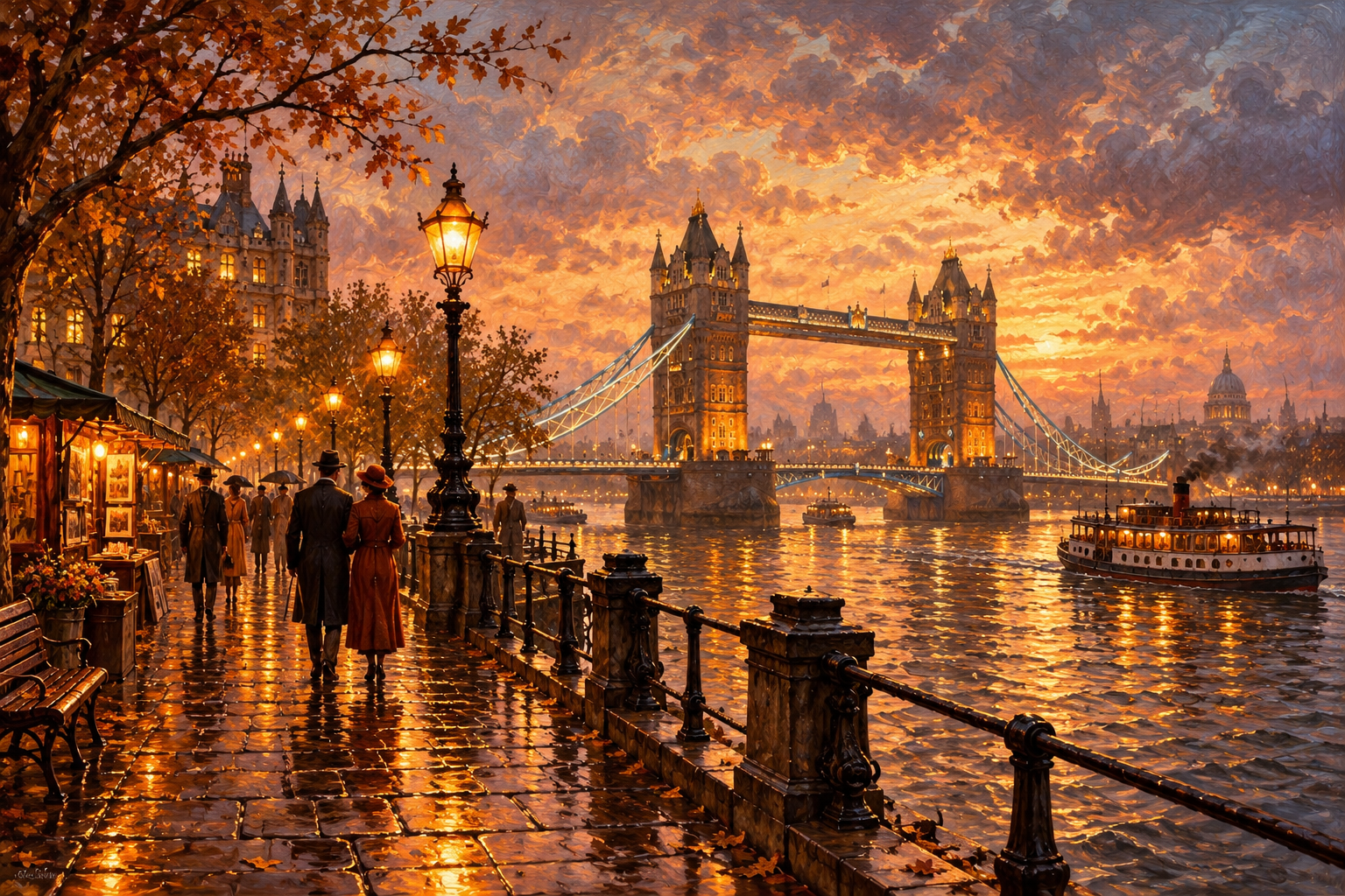 Tower Bridge at golden autumn sunset with wet riverside promenade and Thames boats