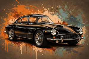 Black vintage grand touring coupe against a brown orange and teal paint-splatter background