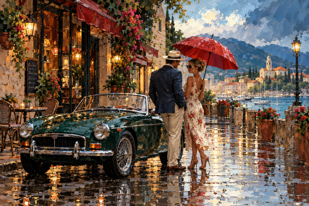 Elegant couple beside a green vintage roadster on a rain-wet Mediterranean waterfront
