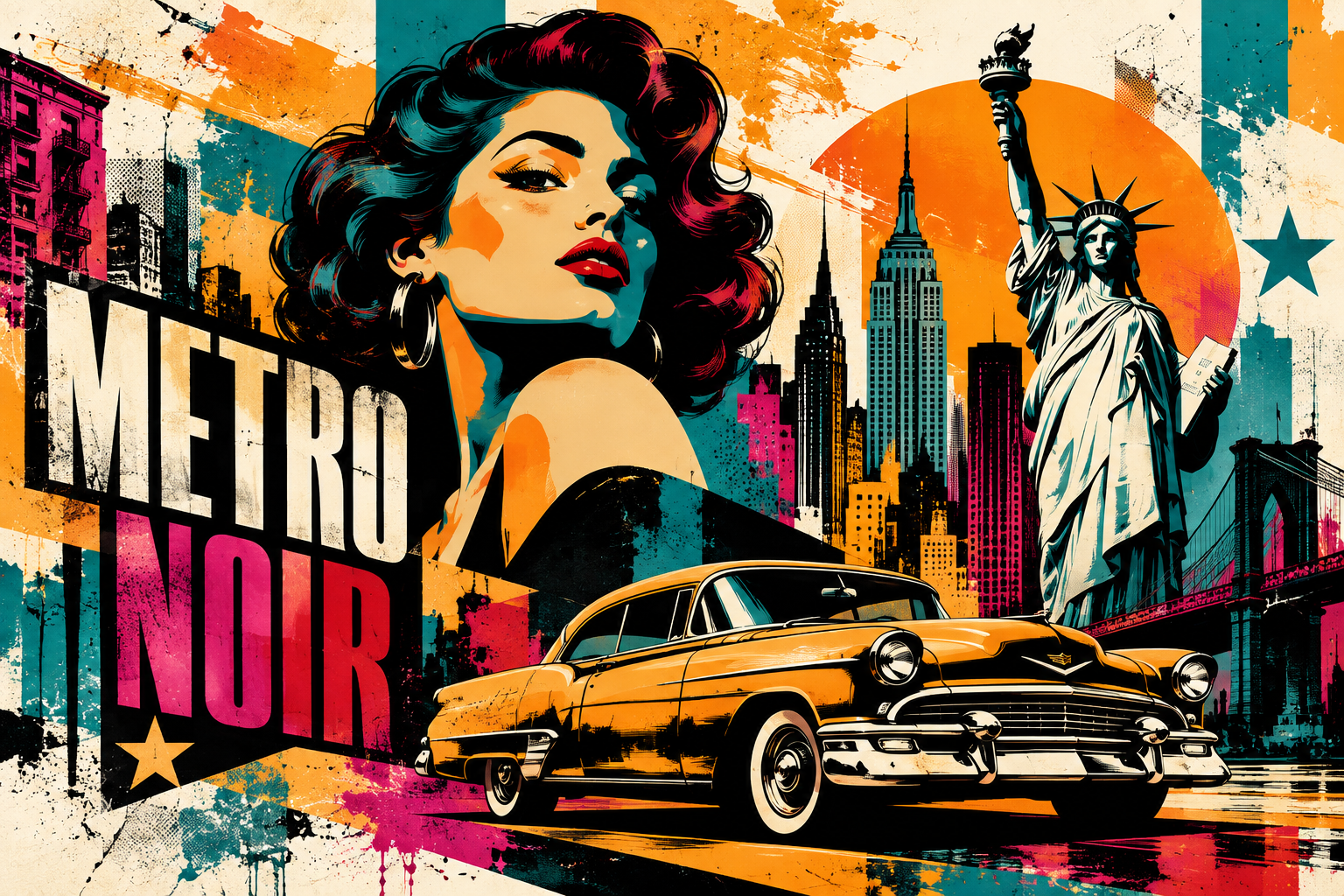 Retro New York pop art collage with glamorous woman, Statue of Liberty, Manhattan skyline, orange vintage American car and bold Metro Noir typography.