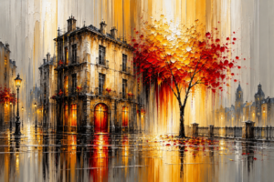 Red autumn tree beside a glowing rain-wet city street in textured painterly style