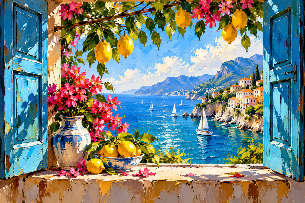 Open blue shutters framing lemons flowers sailboats and a bright Mediterranean sea view