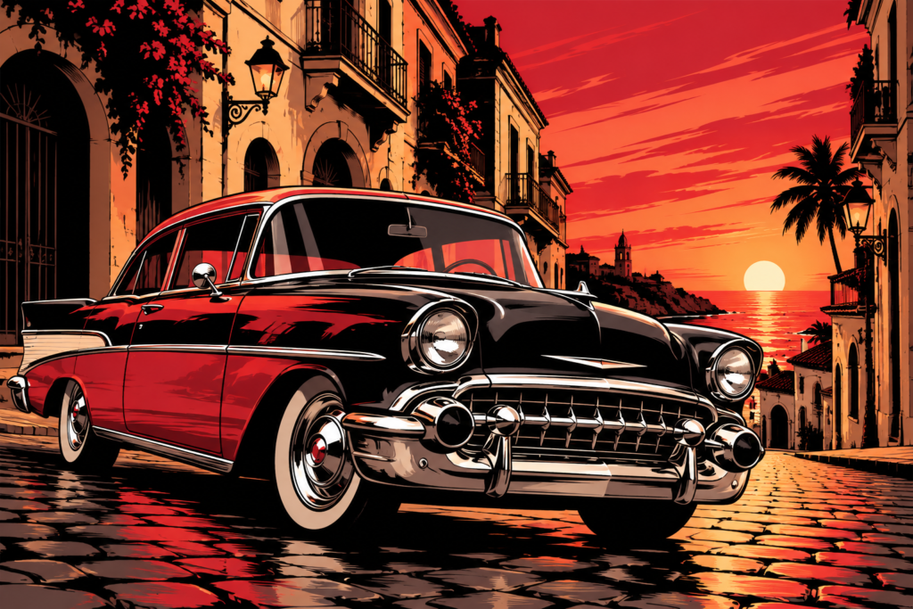 Red and black 1950s-style classic car on a cobbled coastal street at sunset