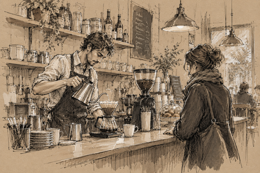 Barista making pour-over coffee for a customer in a detailed sepia café sketch