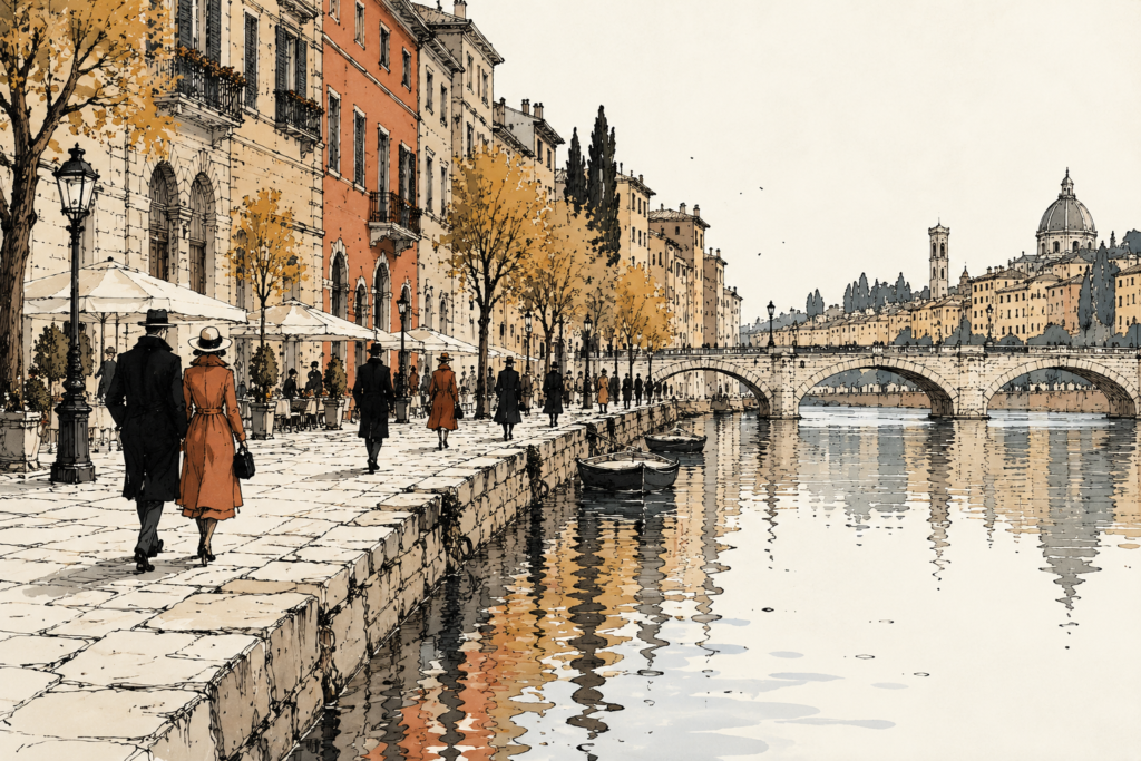 European riverside promenade in autumn with a walking couple, cafés, lampposts, stone bridges, boats and domed architecture reflected in the water.