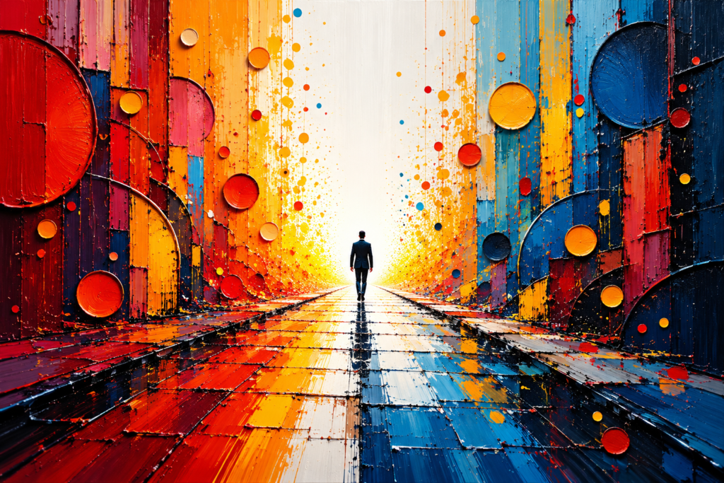 Solitary man walking toward bright light through a vivid abstract corridor of red, orange, blue and black geometric shapes reflected on the ground.