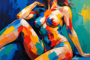 Abstract reclining female figure painted in thick blocks of turquoise, cobalt blue, orange, red, cream and warm skin tones.