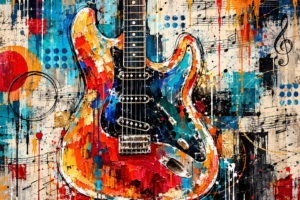Electric guitar covered in vivid orange, red, blue and turquoise paint against a layered collage of musical notes, circles and splashes.