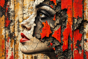 Side-profile female portrait with cracked stone-like skin, red lips and layered black, orange and weathered wall textures.