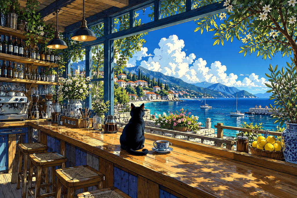 Black cat sitting on a wooden café counter beside a coffee cup, overlooking a bright Mediterranean harbour with sailboats and mountain villages.