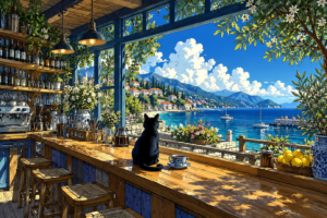Black cat sitting on a wooden café counter beside a coffee cup, overlooking a bright Mediterranean harbour with sailboats and mountain villages.