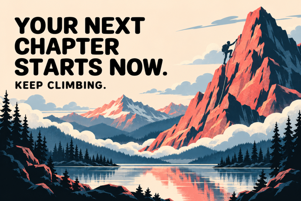 Motivational mountain poster with a climber ascending a coral-red peak beside the words Your Next Chapter Starts Now. Keep Climbing.
