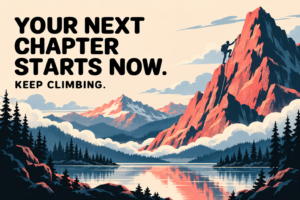 Motivational mountain poster with a climber ascending a coral-red peak beside the words Your Next Chapter Starts Now. Keep Climbing.