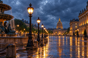 Rainy Paris avenue at night with glowing street lamps, a fountain and illuminated domed architecture beneath storm clouds.