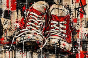 Pair of red high-top trainers painted in a gritty collage style with black, cream and red splashes and vintage paper textures.