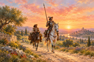 Don Quixote and Sancho Panza riding through a sunlit Spanish countryside at sunset, with a hilltop village in the distance.