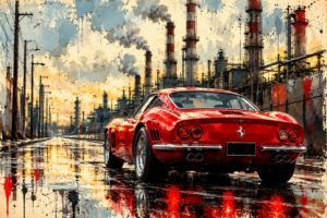 Red classic sports car viewed from the rear on a wet industrial street with refinery towers, reflections and sunset light.