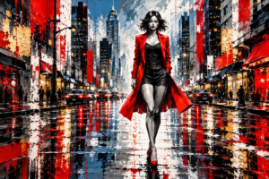 Stylised woman in a bright red coat walking down a rain-slicked city street with skyscrapers and reflected lights.