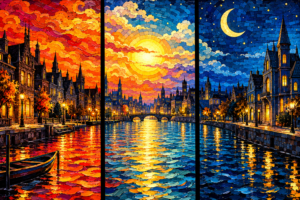 Three-panel painted city waterfront progressing from fiery sunset to bright daylight and deep blue moonlit night.
