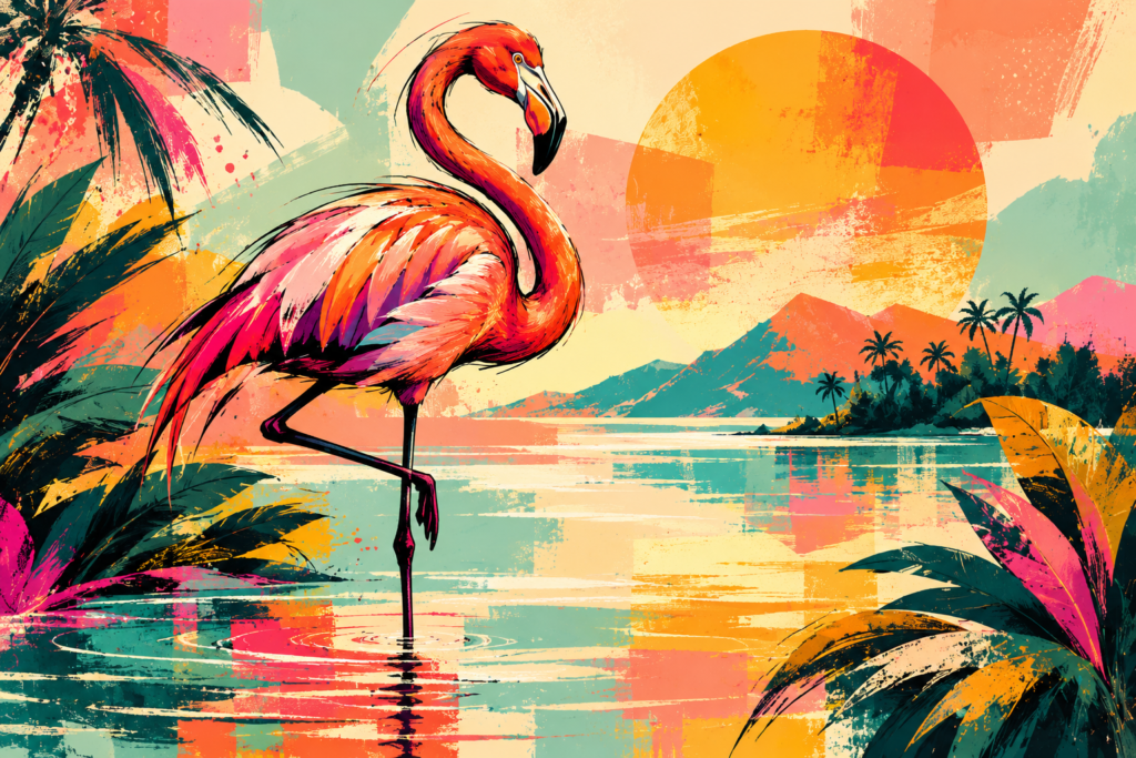 Pink flamingo standing in tropical water beneath a large orange sun with palms, distant mountains and coral, teal and gold textures.