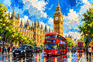 Red double-decker buses and black taxis on a wet London street beside Big Ben and the Houses of Parliament under a vivid blue sky.