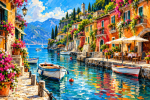 Colourful Mediterranean harbour village with flower-covered houses, small boats, blue water and mountains under a bright sky.
