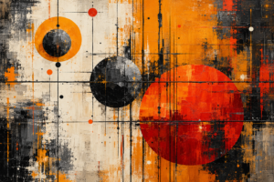 Abstract geometric artwork with large orange and black circles, cream panels, fine black grid lines and distressed painted textures.