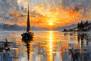 Single dark sailboat floating on calm water at golden sunset with grey mountains, distant shoreline lights and thick textured brushwork.